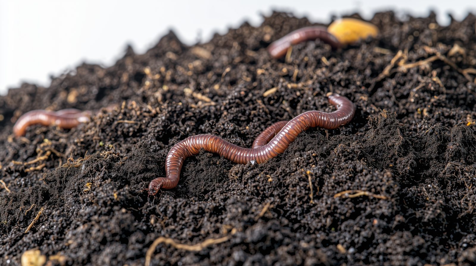 Earthworms are actively wriggling through dark, fertile compost soil in a vibrant garden, contributing to nutrient cycling and soil health during a sunny day.