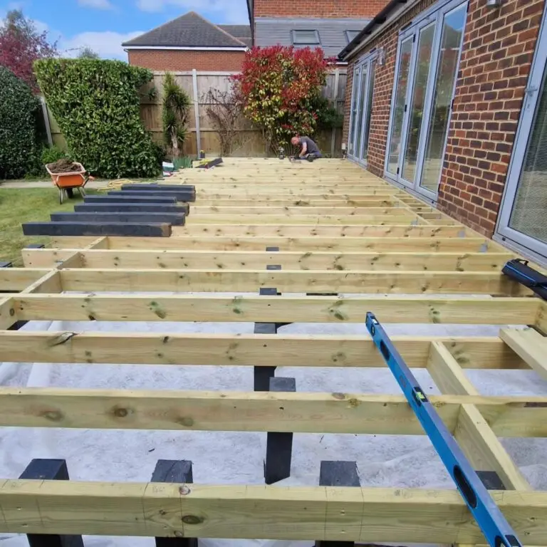 Aerial or elevated view of composite decking installation showing board pattern and alignment in outdoor space