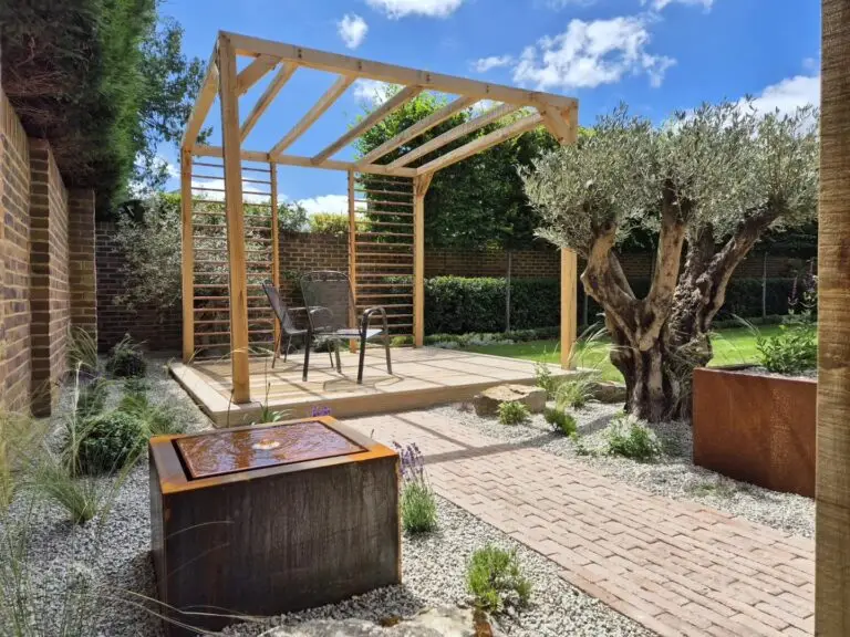 Entrance pathway with pergola and layered planting arrangement in Maidstone garden